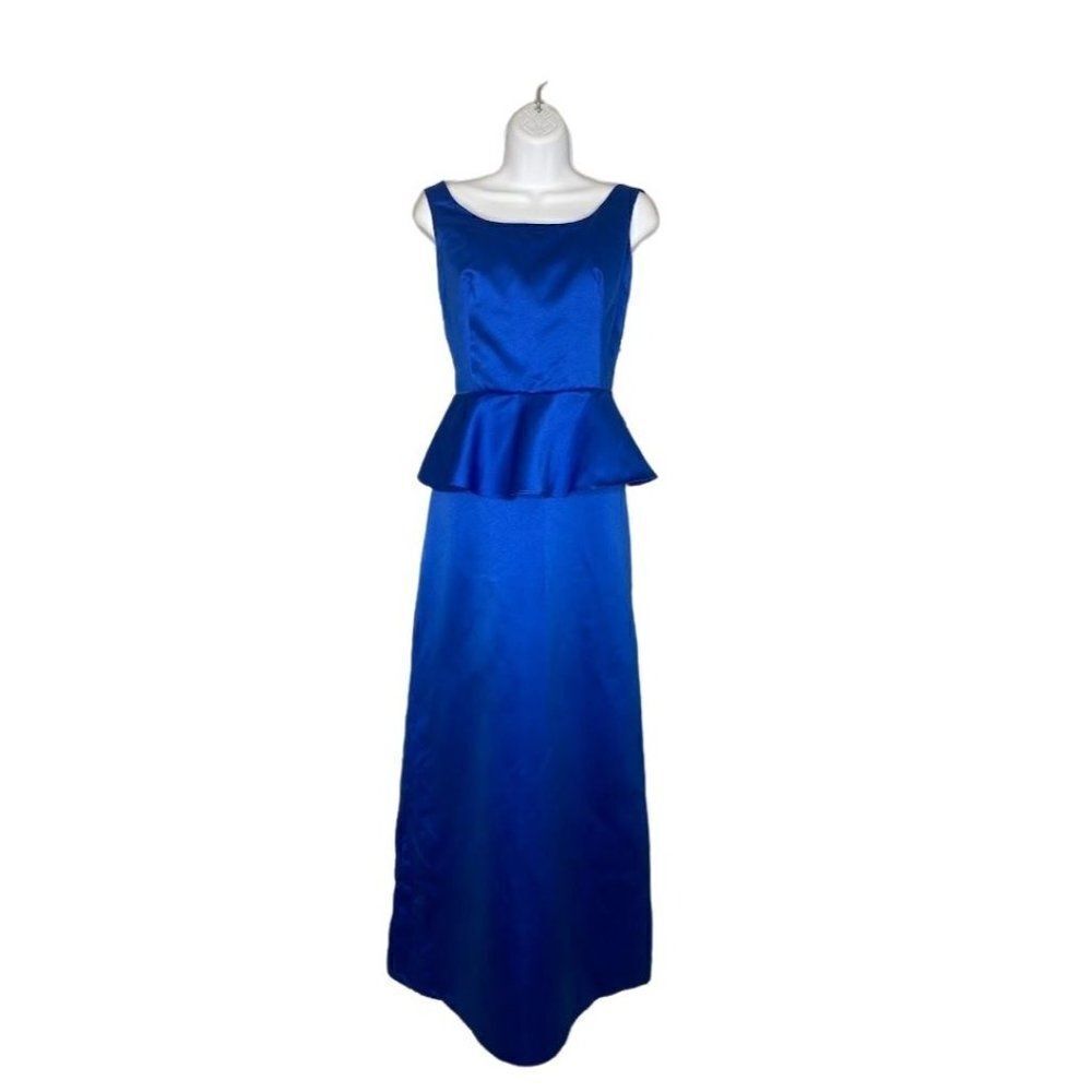 SIMPLY BRIDAL Blue Satin Peplum Gown‎ Bridesmaid Dress Gown Sz Medium NEW